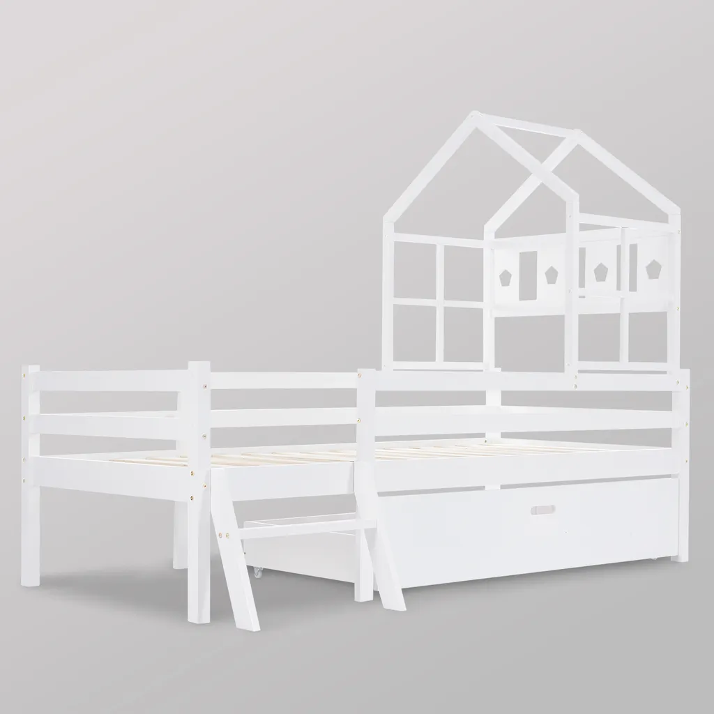 Merax Kinderbett Miki Hochbett Mit Leiter Und Schubladen, Inkl. Lattenrost Und Rausfallschutz, Hausbett 160x80cm Kinderhaus Jugendbett Spielbett Aus Massivholz, Weiß – Bild 10