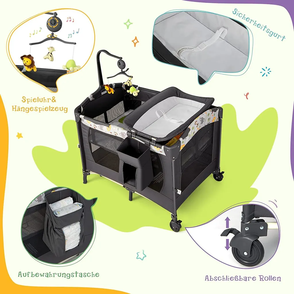 COSTWAY 4 In 1 Klappbares Reisebett & Beistellbett & Wickeltisch & Laufstall Rollbar, 2 Ebenen Babybett Inkl. Spielbogen, Matratze, Wickelauflage, Windelaufbewahrung Und Spieluhr (Hellgrau) â Bild 2