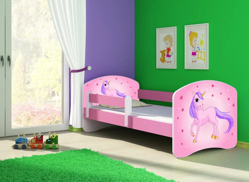 ACMA Jugendbett Kinderbett Junior-Bett Komplett-Set Mit Matratze Lattenrost Und Rausfallschutz Rosa 17 Pony 140x70