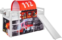 Spielbett JELLE 90 X 200 Cm Feuerwehr - Hochbett LILOKIDS - Weiß - Mit Rutsche Und Vorhang