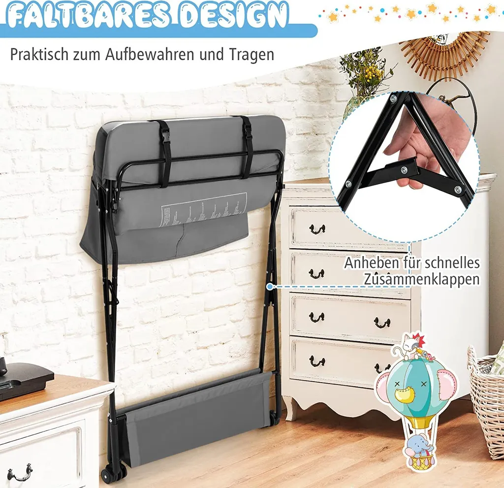 COSTWAY 4-in-1-Wickeltisch Für Baby Mit Rädern, Klappbarer Wickelkommode Für Neugeborene Mit 3-stufiger Höhenverstellung & Aufbewahrungstasche & Ablage, Wickelstation Für Kleinkinder (Grau) – Bild 4