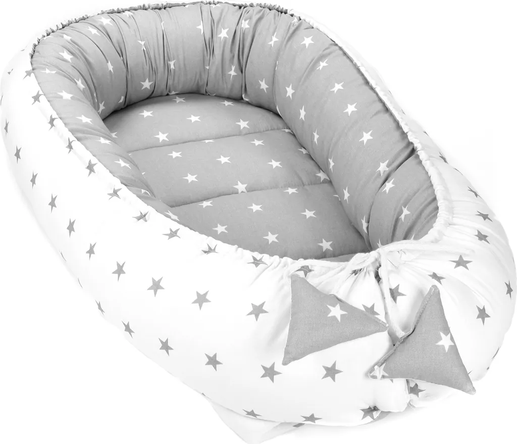 Babynest Kokon Neugeborene 90 X 50 Cm - Handmade Kuschelnest Baby Nestchen Aus Baumwolle Sternchen Grau-Weiß – Bild 2