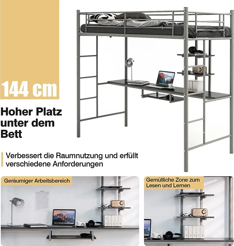 COSTWAY Hochbett Mit Schreibtisch, Etagenbett Mit 2 Leitern, Stockbett Aus Metall, Bettrahmen Für Teenager Und Erwachsene (Silber) – Bild 2