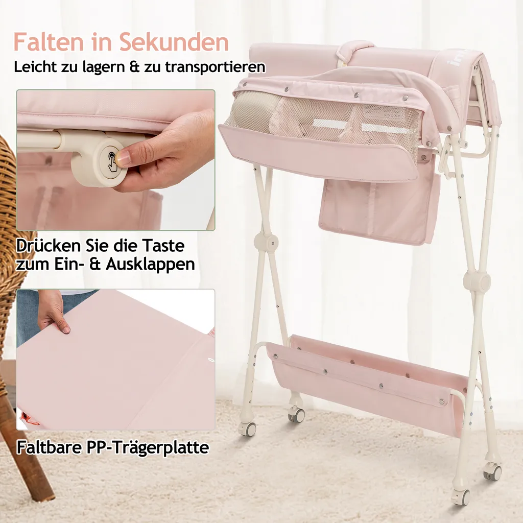 COSTWAY Klappbare Wickeltisch, Höhenverstellbarer Wickelstation Mit Stauraum & Abnehmbaren Feststellbaren Rädern & Sicherheitsgurt & Wasserbecken, Mobile Wickelkommode Für Baby (Rosa) – Bild 3