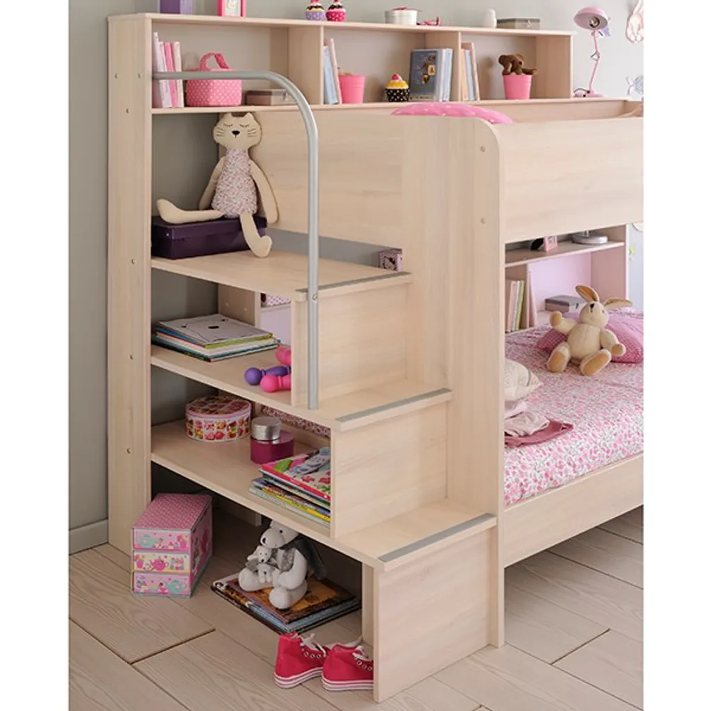 Etagenbett Bibop Akazie 90*200 Inkl Bettkasten + 2 Lattenrostplatten + Regale + Leiterpodest Kinderzimmer Spiel Hoch Doppel Stockbett â Bild 4