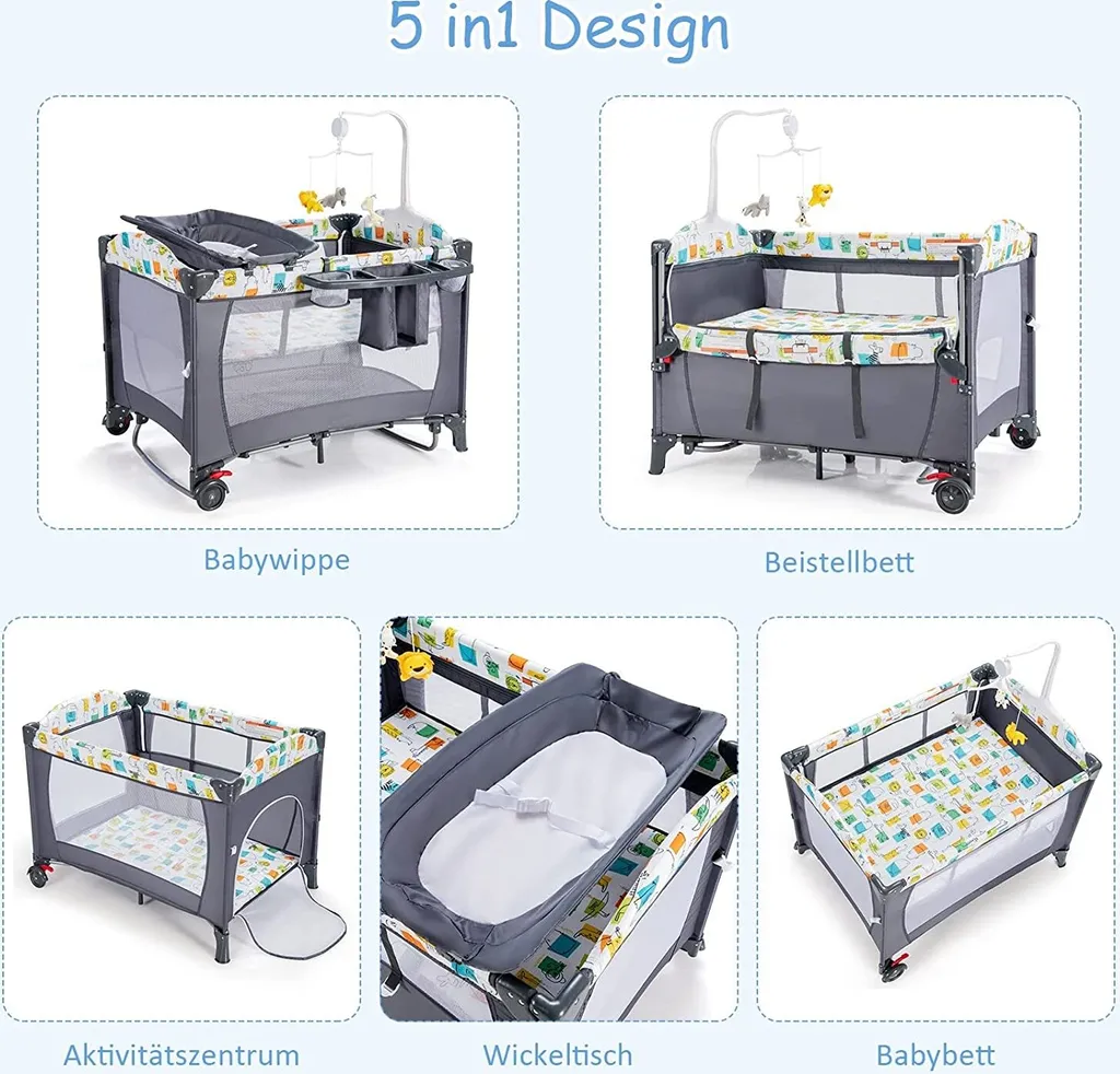 5 In 1 Babybett Mit Matratze, Reisebett Baby Mit Wickeltisch, Spieluhr Und Spielzeug, Laufstall | Beistellbett | Babyschaukel Für Baby Ab Geburt (Grau) – Bild 2