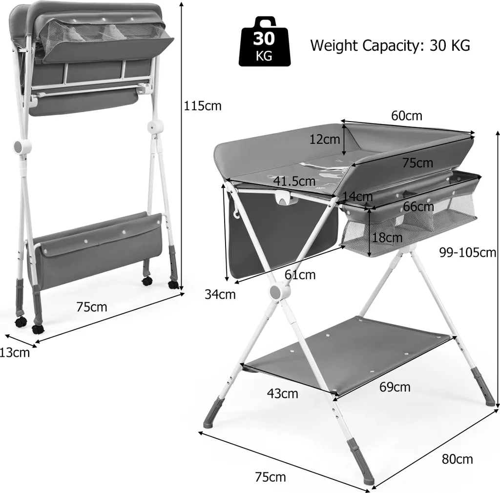 COSTWAY 4 IN 1 Klappbarer Baby Wickeltisch & Badestation & Schuhregal & Wäscheständer, Wickelkombination Höhenverstellbar, Wickelkombi Mit Austauschbaren Rollen Und Aufbewahrungskorb Grau – Bild 4