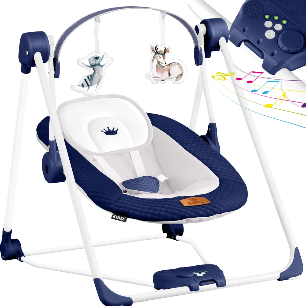 KIDIZ® Babywippe Babyschaukel Mit 5 Geschwindigkeitseinstellungen Zusammenklappbarer Baby Wippe Schaukel Babyhochstuhl Mit Spielbogen Spielzeugen 5 Beruhigende Naturgeräusche Neugeborene, Farbe:Navyblau – Bild 3