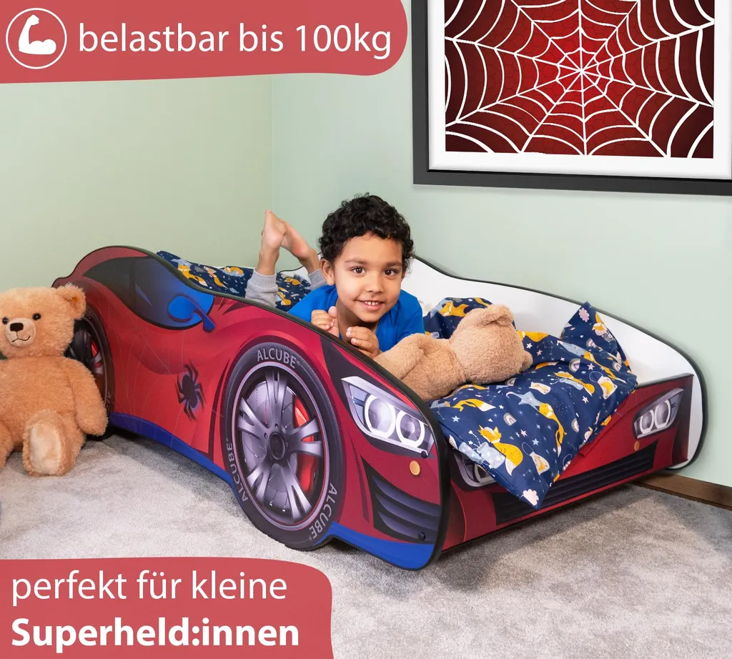Alcube® Autobett 80x160 Cm PKW Spider CAR Mit Matratze Und Lattenrost Spielbett Kinderbett 80x160 Cm Für Kleine Spinnenmann - Rot – Bild 7