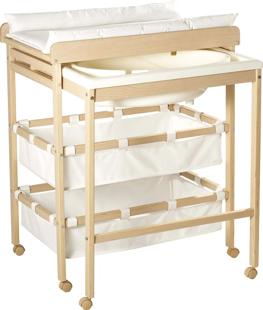 Roba Bade-Wickelkombi Baby Pool, Wickeltisch Ausziehbar Mit Badewanne, Holz Natur, Auflage Weiß