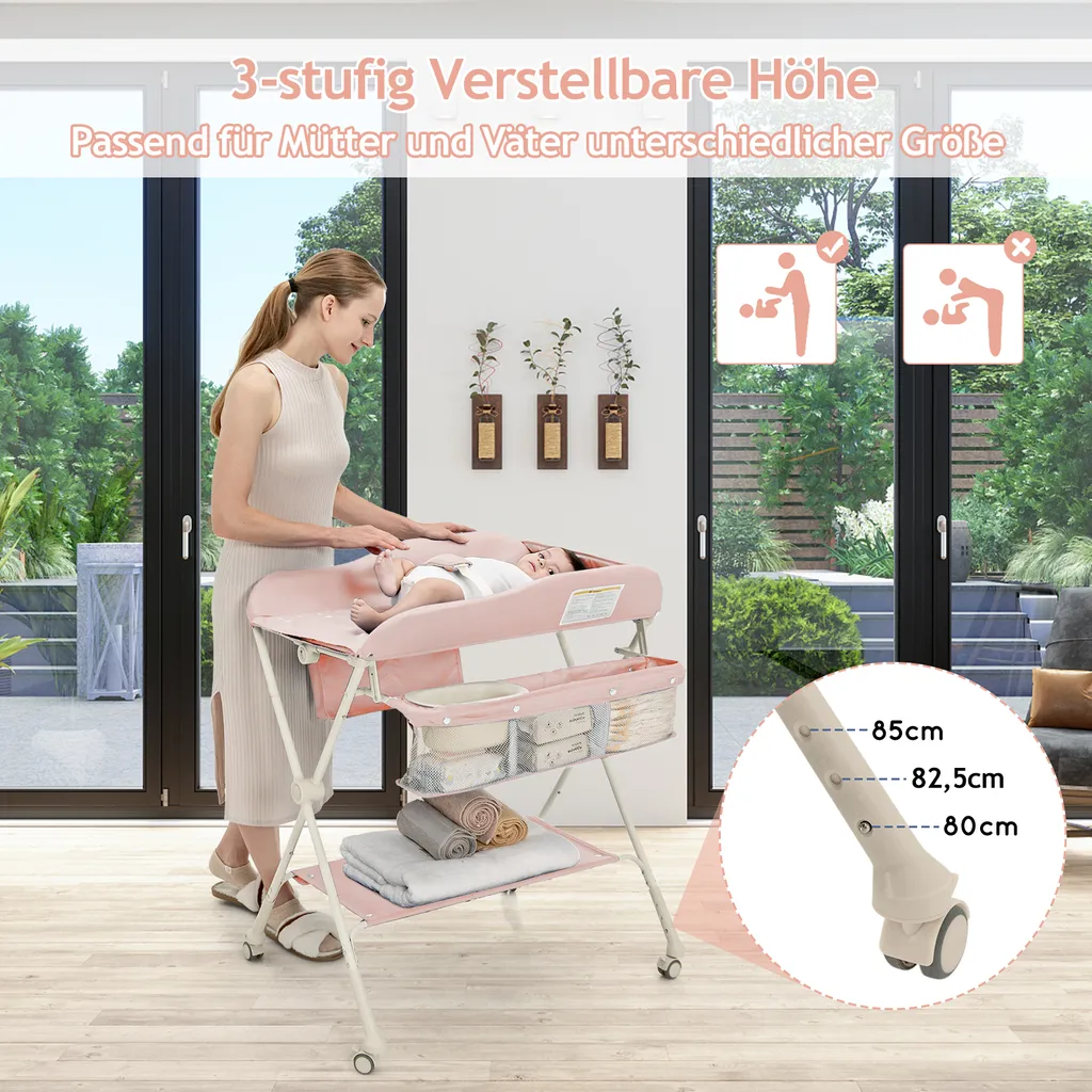 COSTWAY Klappbare Wickeltisch, Höhenverstellbarer Wickelstation Mit Stauraum & Abnehmbaren Feststellbaren Rädern & Sicherheitsgurt & Wasserbecken, Mobile Wickelkommode Für Baby (Rosa) – Bild 6