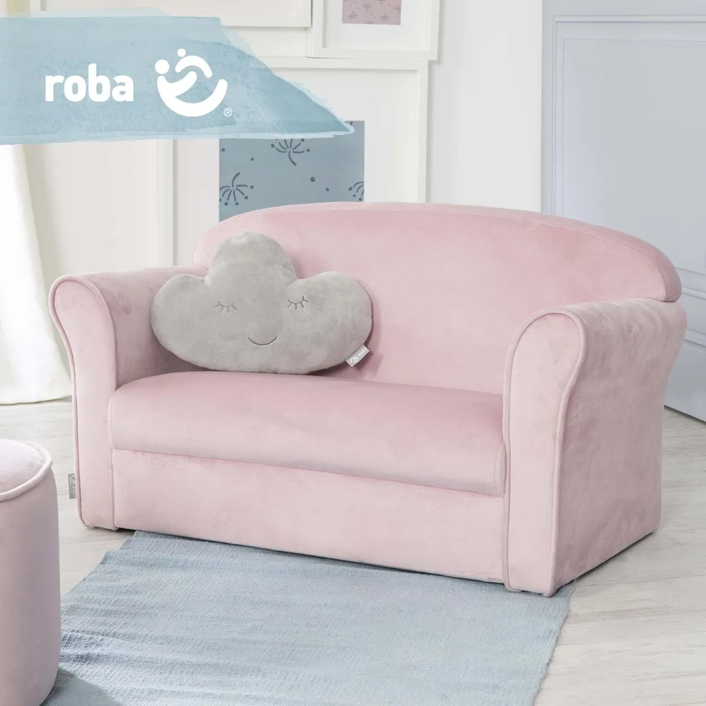 Roba Kindersofa „Lil Sofa“ Mit Armlehnen, Bequeme Kindercouch Mit Rosa Samtstoff Bezogen