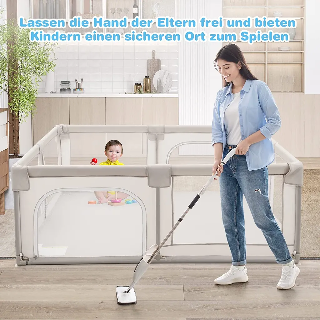 COSTWAY Baby Laufstall 190 X 150 Cm Mit 2 Türen, Laufgitter Mit Atmungsaktivem Netz Und Reißverschluss, Krabbelgitter, Laufgitterzelt Für Säuglinge Und Kleinkinder (Beige) – Bild 4