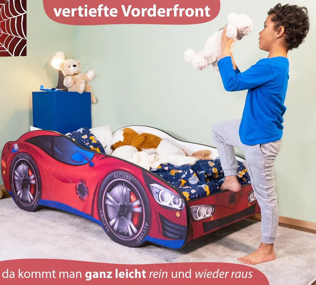 Alcube® Autobett 80x160 Cm PKW Spider CAR Mit Matratze Und Lattenrost Spielbett Kinderbett 80x160 Cm Für Kleine Spinnenmann - Rot – Bild 5