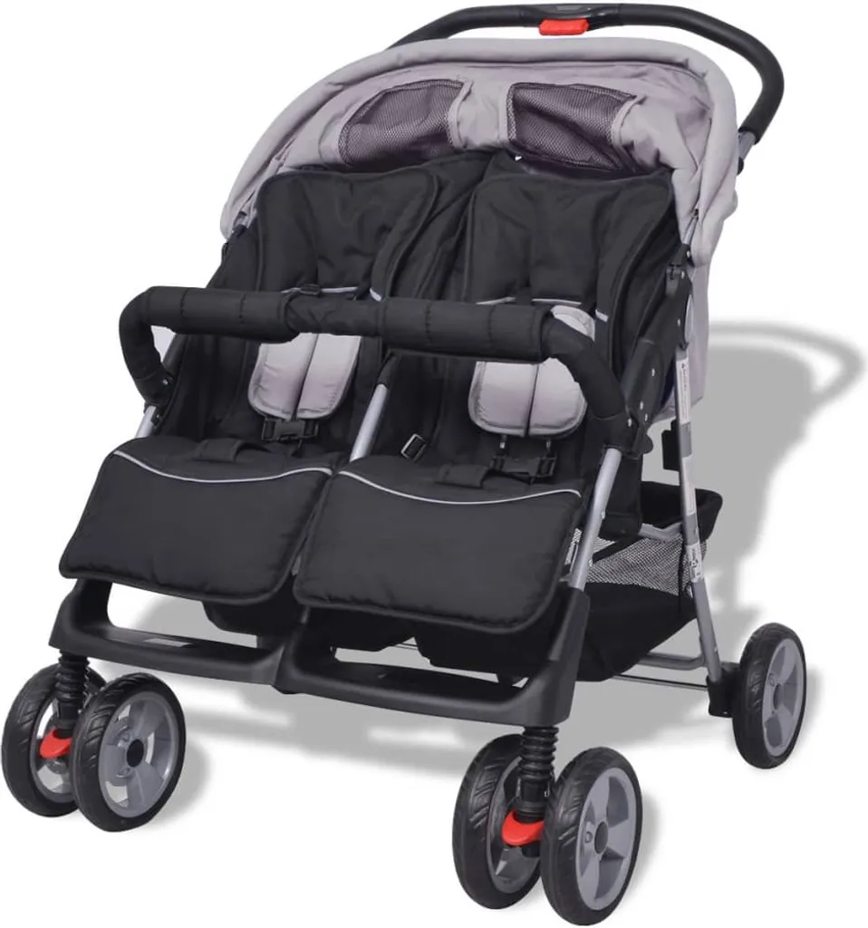 VidaXL Baby Zwillingswagen Stahl Grau Und Schwarz – Bild 4