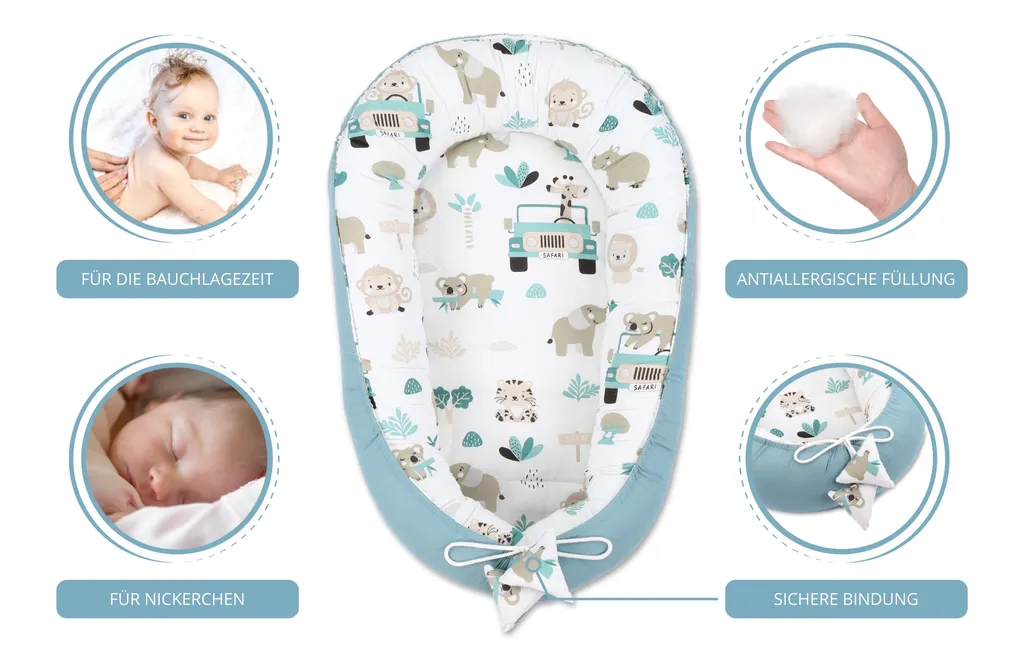 Babynest Kokon Neugeborene 90 X 50 Cm - Handmade Kuschelnest Baby Nestchen Mit Baumwolle Afrika Blau – Bild 4