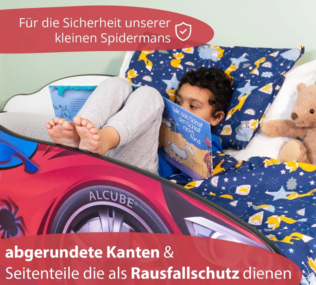 Alcube® Autobett 80x160 Cm PKW Spider CAR Mit Matratze Und Lattenrost Spielbett Kinderbett 80x160 Cm Für Kleine Spinnenmann - Rot – Bild 4