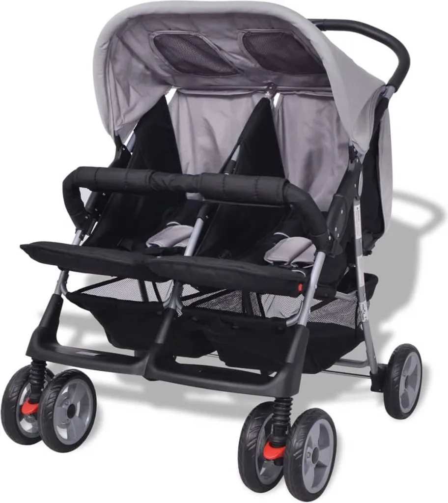 VidaXL Baby Zwillingswagen Stahl Grau Und Schwarz – Bild 3