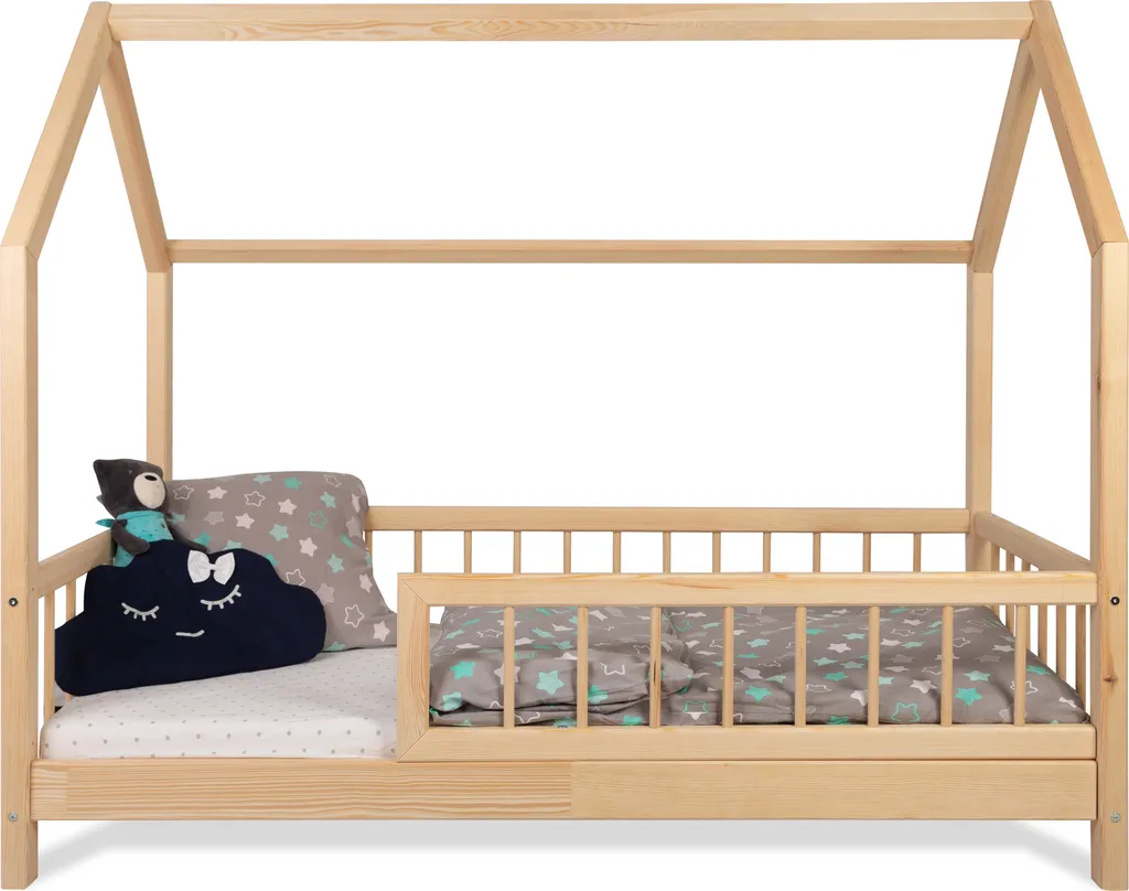 NEW Hausebett Lena-200x140- Kieferholz Kinderbett Mit Rausfallschutz -mit Rundstäben.