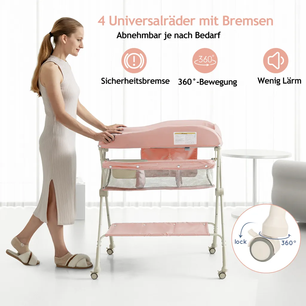 COSTWAY Klappbare Wickeltisch, Höhenverstellbarer Wickelstation Mit Stauraum & Abnehmbaren Feststellbaren Rädern & Sicherheitsgurt & Wasserbecken, Mobile Wickelkommode Für Baby (Rosa) – Bild 2