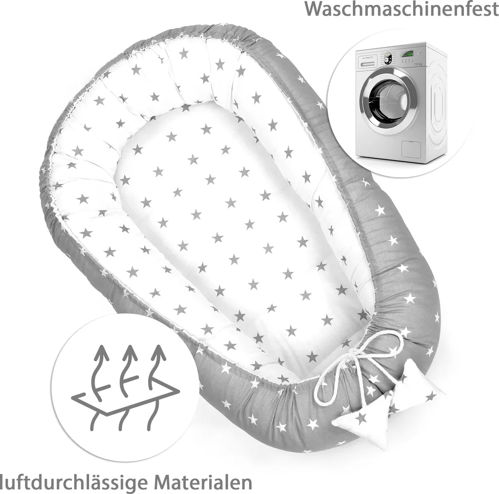 Babynest Kokon Neugeborene 90 X 50 Cm - Handmade Kuschelnest Baby Nestchen Aus Baumwolle Sternchen Grau-Weiß – Bild 9