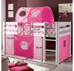 Hochbett Kiefer Massiv Weiß Inkl. Vorhang EN 747-1 + 747-2 Kinderbett Spielbett Kinderbett Massivbett Kinderzimmer Stockbett