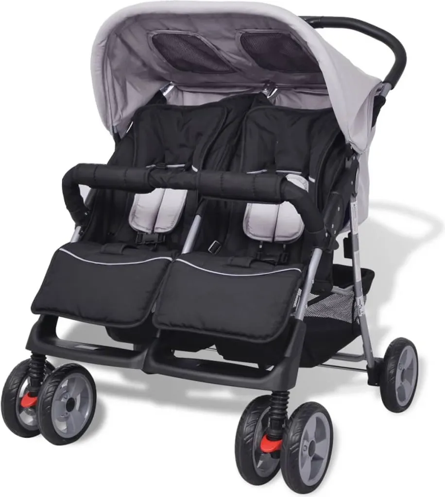 VidaXL Baby Zwillingswagen Stahl Grau Und Schwarz