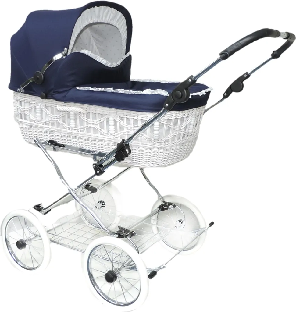 Eichhorn Korbkinderwagen Senator Mit Handgeflochtenem Weidenkorb (weiß) Und Bezugstoff In Marineblau Mit Klassischem Lederriemengestell