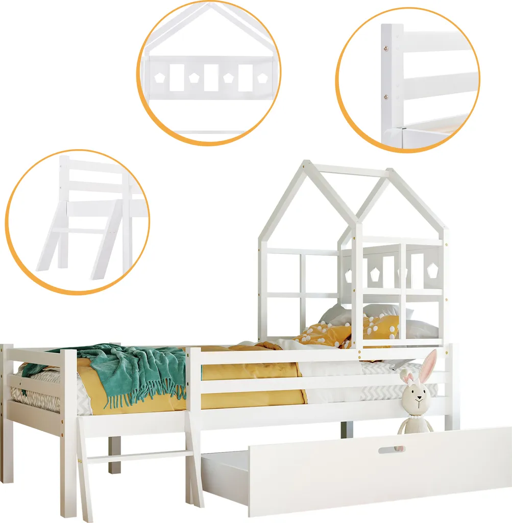 Merax Kinderbett Miki Hochbett Mit Leiter Und Schubladen, Inkl. Lattenrost Und Rausfallschutz, Hausbett 160x80cm Kinderhaus Jugendbett Spielbett Aus Massivholz, Weiß – Bild 3