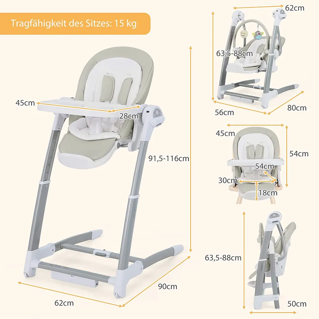 COSTWAY 3 In 1 Babyschaukel & Hochstuhl & Sitzerhöhung, Babywippe Elektrisch Mit 8 Schaukelposition, Timing, Musik & Auto-Schaltfunktion, Babystuhl Klappbar Mit Rädern, 8 Höhenstufen (Grau) – Bild 6