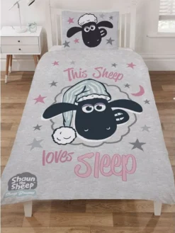 Shaun The Sheep - Bettwäsche-Set "Loves Sleep" AG125 (Einzelbett) (Grau/Schwarz/Pink)