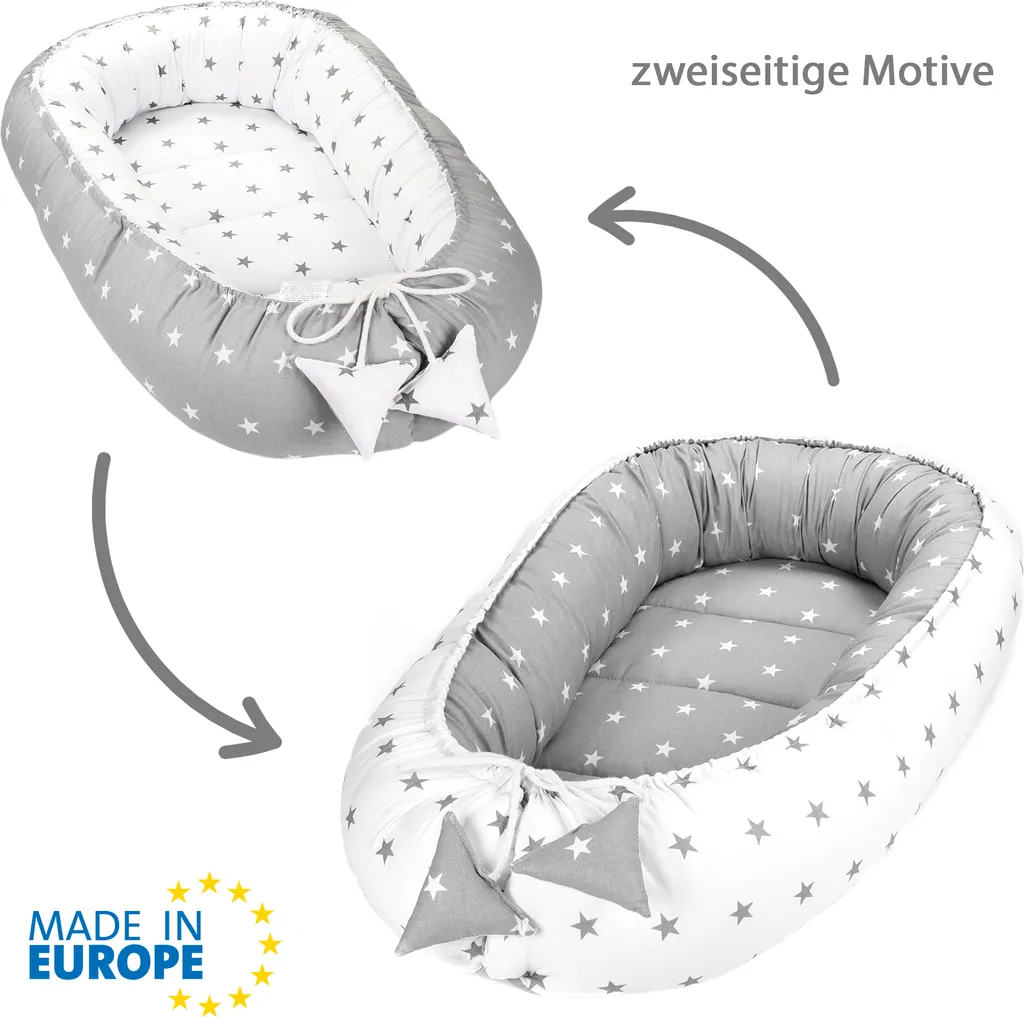 Babynest Kokon Neugeborene 90 X 50 Cm - Handmade Kuschelnest Baby Nestchen Aus Baumwolle Sternchen Grau-Weiß – Bild 7