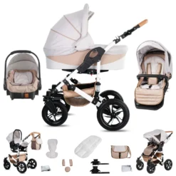 Friedrich Hugo Hamburg | 3 In 1 Kombi Kinderwagen Set | Hartgummireifen | Farbe: Cream & Beige