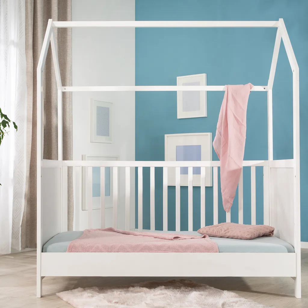 Roba Hausbett 70 X 140 Cm, Kombi-Kinderbett In Hausoptik, Weiß, 3-fach Verstellbar, Schlupfstäbe, Umbaubar Zum Juniorbett – Bild 4