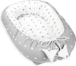 Babynest Kokon Neugeborene 90 X 50 Cm - Handmade Kuschelnest Baby Nestchen Aus Baumwolle Sternchen Grau-Weiß
