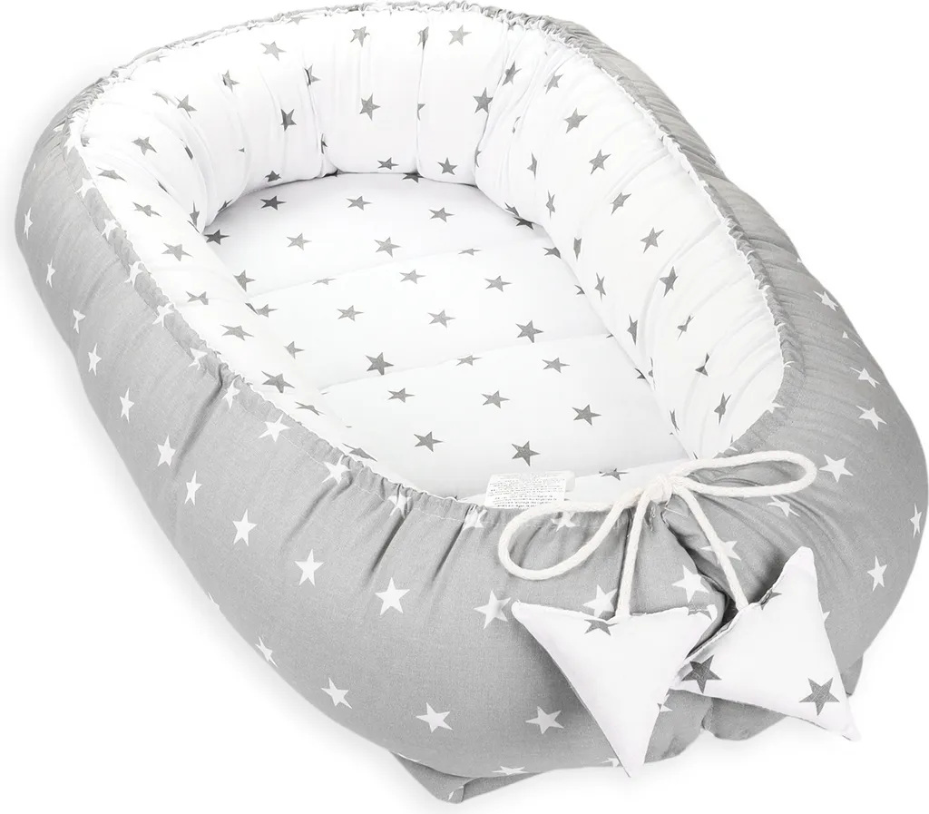 Babynest Kokon Neugeborene 90 X 50 Cm - Handmade Kuschelnest Baby Nestchen Aus Baumwolle Sternchen Grau-Weiß