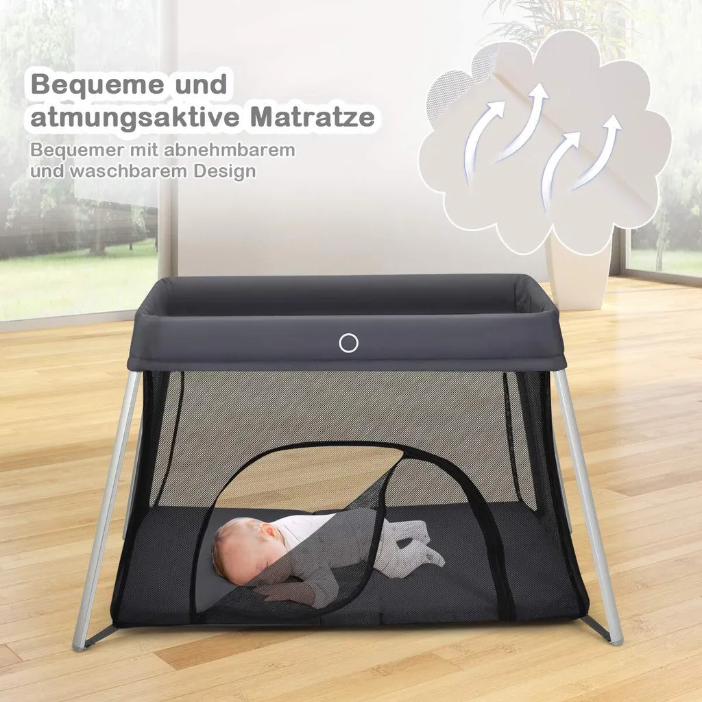 COSTWAY Babybett Klappbar, Reisebett Mit Matratze Und Tragetasche, Laufstall, Babyreisebett, Spielstall, Netzlaufgitter Für Kleinkinder, Säuglinge Und Neugeborene Dunkelgrau – Bild 2
