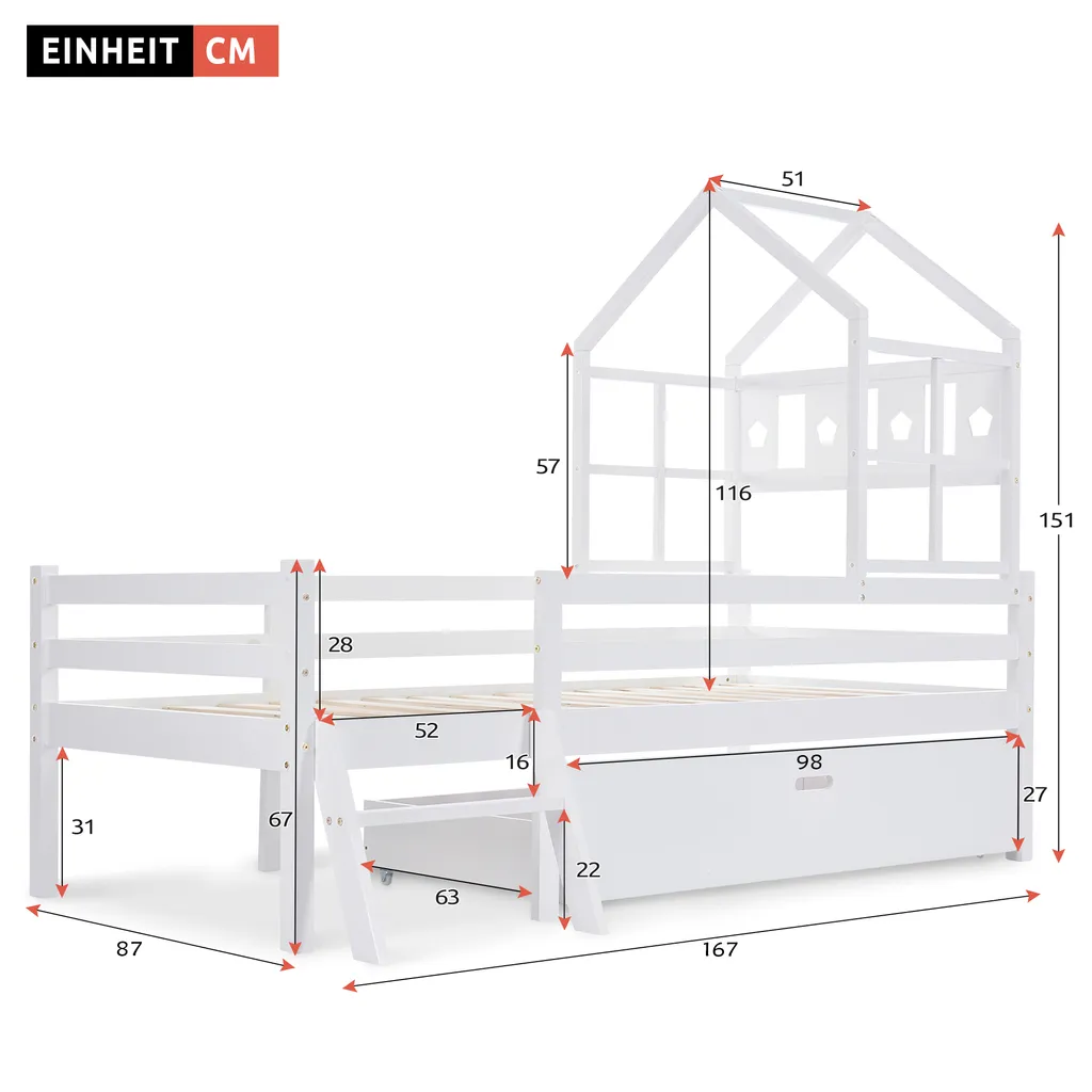 Merax Kinderbett Miki Hochbett Mit Leiter Und Schubladen, Inkl. Lattenrost Und Rausfallschutz, Hausbett 160x80cm Kinderhaus Jugendbett Spielbett Aus Massivholz, Weiß – Bild 4