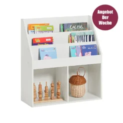 SoBuy KMB01-W Bücherregal Für Kinder Zeitungsständer Aufbewahrungsregal Mit 3 Ablagefächern Und 2 Offenen Fächern, BHT Ca.: 73x80x30cm