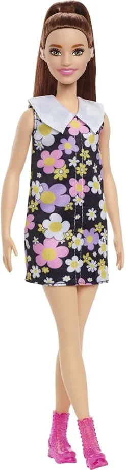 Barbie HBV19 - Fashionistas Puppe (brünette Haare) Mit Pferdeschwanz Und Hörgerät, Im Etui-Kleid Mit Blumen-Muster, Spielzeug Für Kinder Ab 3 Jahren