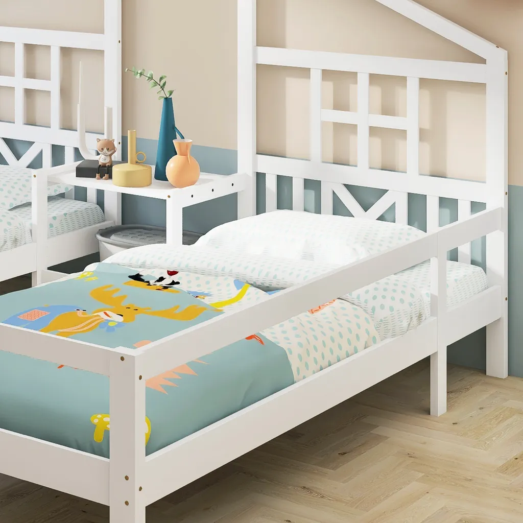 Merax Kinderbett 90x200cm/90x200cm Hausbett Mit Lattenrost, Rausfallschutz Und Tisch, 2 Einzelbetten Jugendbetten Doppelbett Für 2 Kinder, Weiß – Bild 5