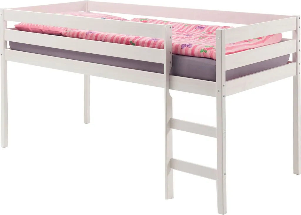 Hochbett ERIK Spielbett Kinderbett Bett, Kiefer Massiv Weiß Lackiert Mit Leiter 90 X 200 Cm (B X L)