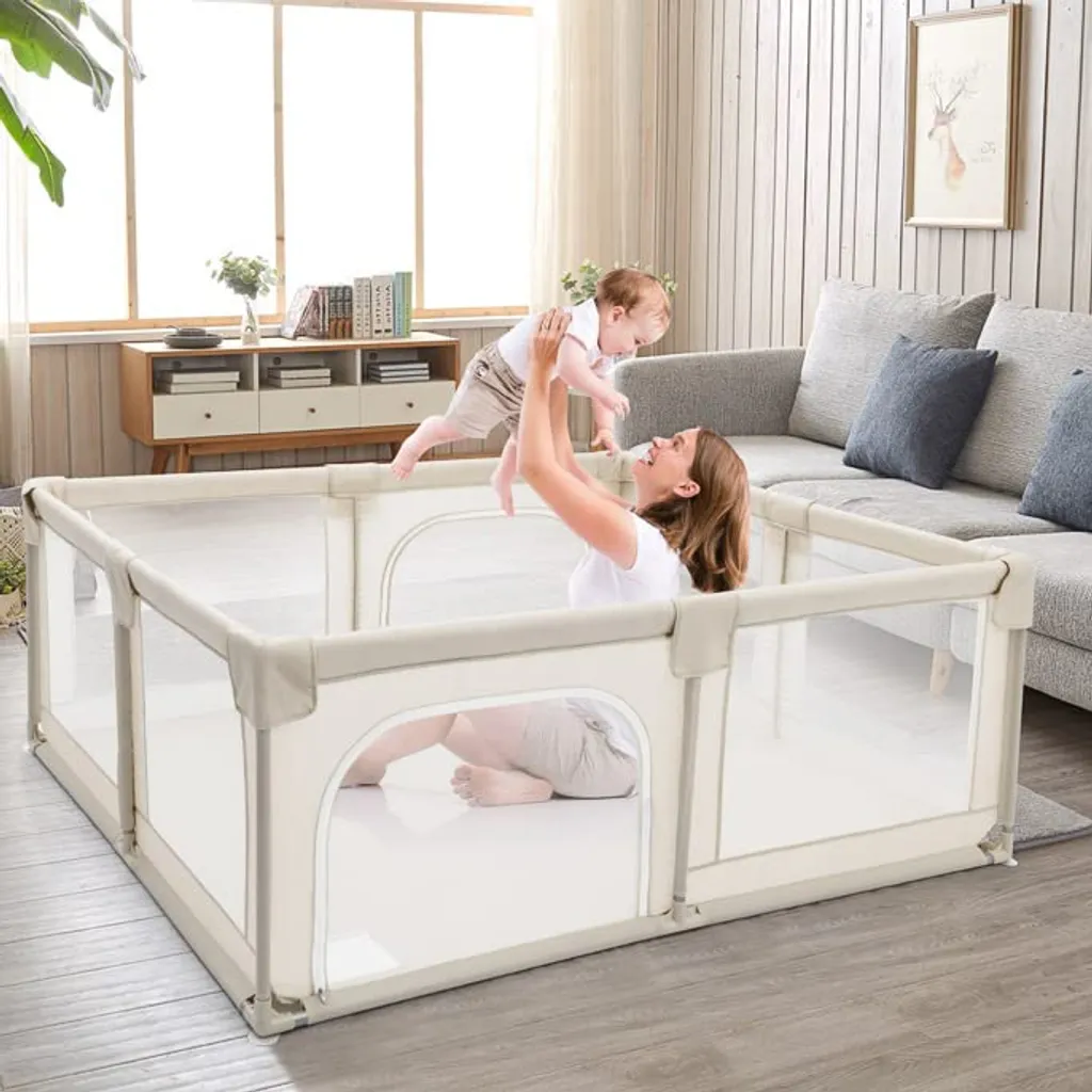 COSTWAY Baby Laufstall 190 X 150 Cm Mit 2 Türen, Laufgitter Mit Atmungsaktivem Netz Und Reißverschluss, Krabbelgitter, Laufgitterzelt Für Säuglinge Und Kleinkinder (Beige)