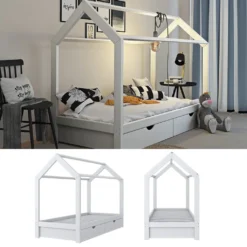 VitaliSpa Kinderbett Hausbett Weiß 90x200 Cm Schubladen Bett Holz Kinderhaus