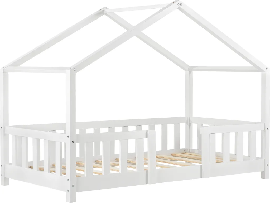 Kinderbett Treviolo Mit Rausfallschutz 80x160cm Hausbett Mit Lattenrost Und Gitter Bettenhaus Aus Holz Spielbett Weiß – Bild 2