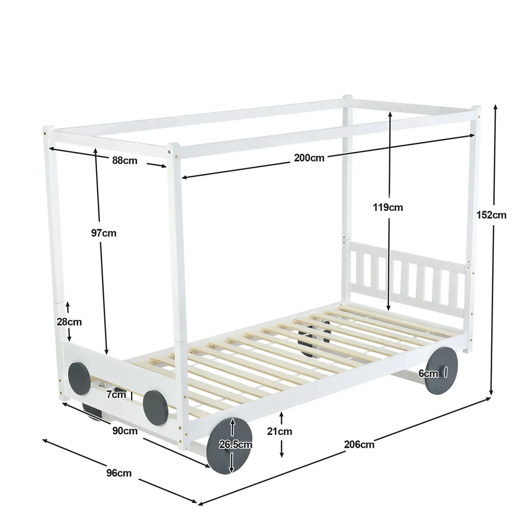 Merax Kinderbett 90x200cm Autobett Mit Lattenrost Und Rädern, Abnehmbarer Rahmen, Rahmen Aus Kiefer, Einzelbett Jungenbett Babybett Für Mädchen Und Jungen, Weiß – Bild 5