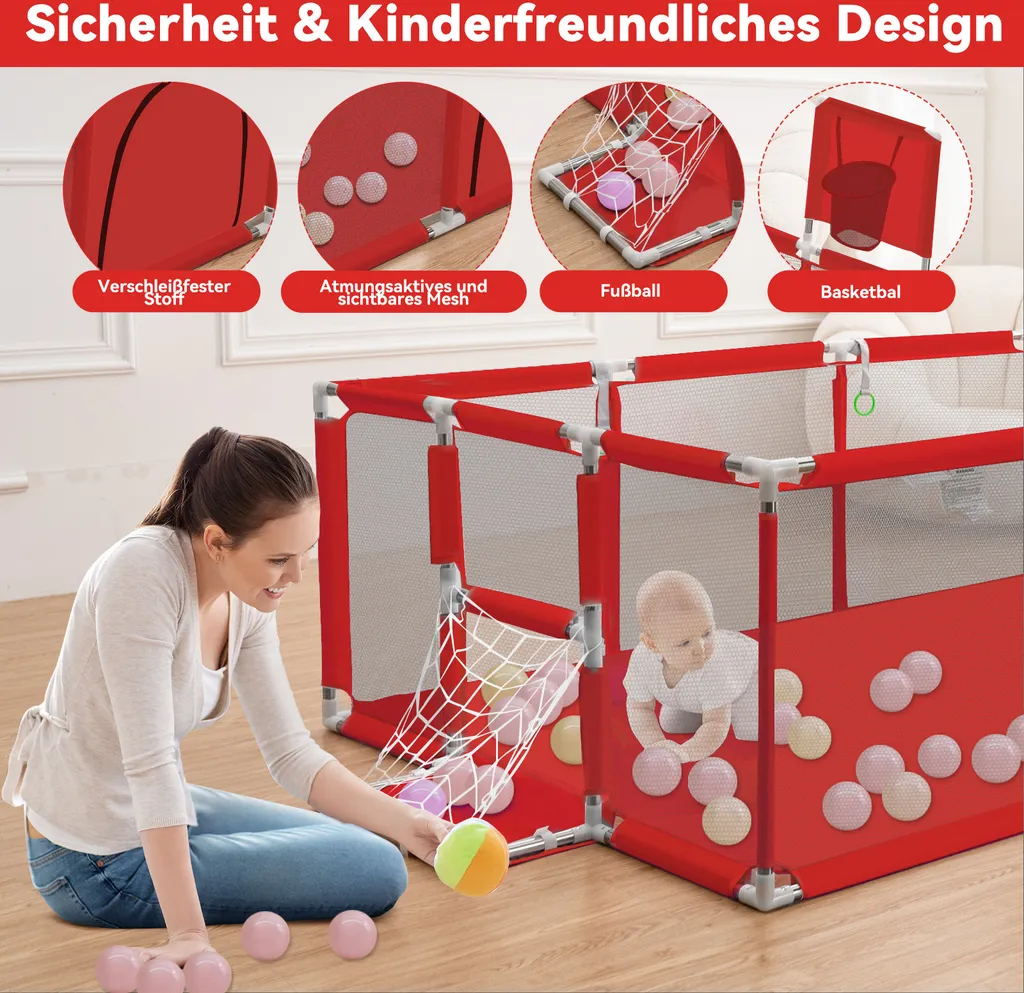 Laufstall Baby Laufgitter Schutzgitter Mit Basketball Box, Fußballbox Und Atmungsaktivem Netz, Stabiler Absperrgitter Für Kinder, Rot, 180x122cm – Bild 5