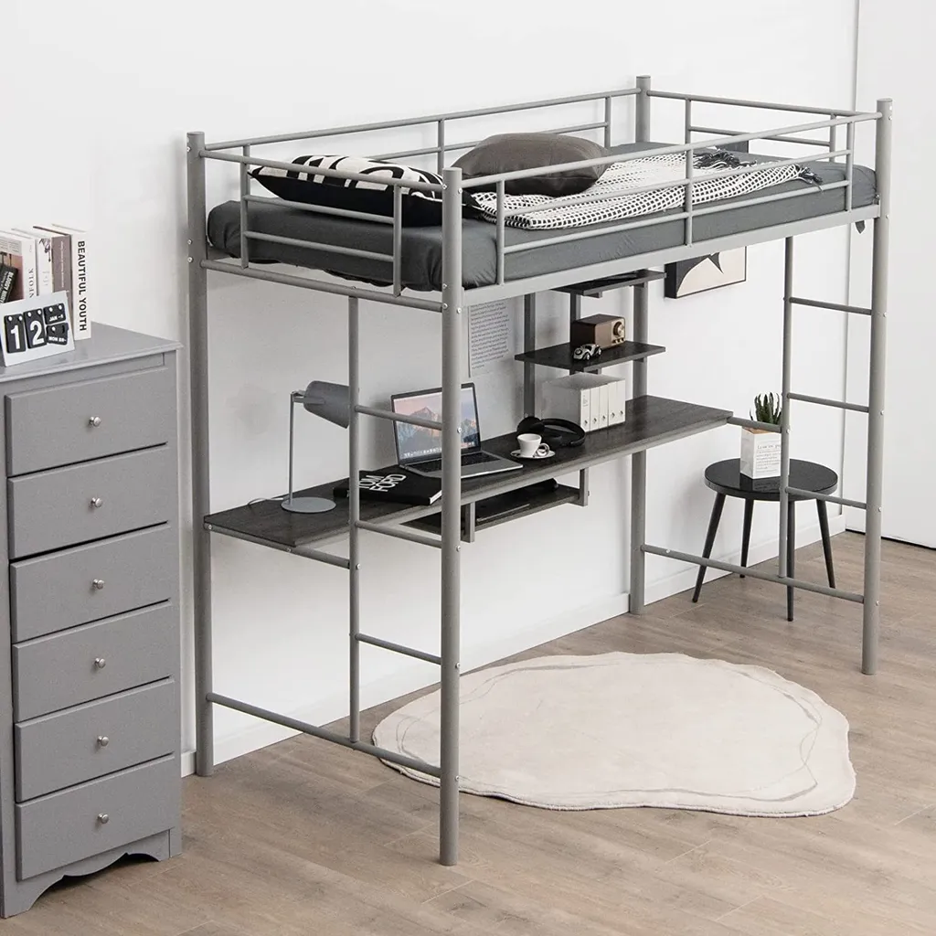 COSTWAY Hochbett Mit Schreibtisch, Etagenbett Mit 2 Leitern, Stockbett Aus Metall, Bettrahmen Für Teenager Und Erwachsene (Silber)