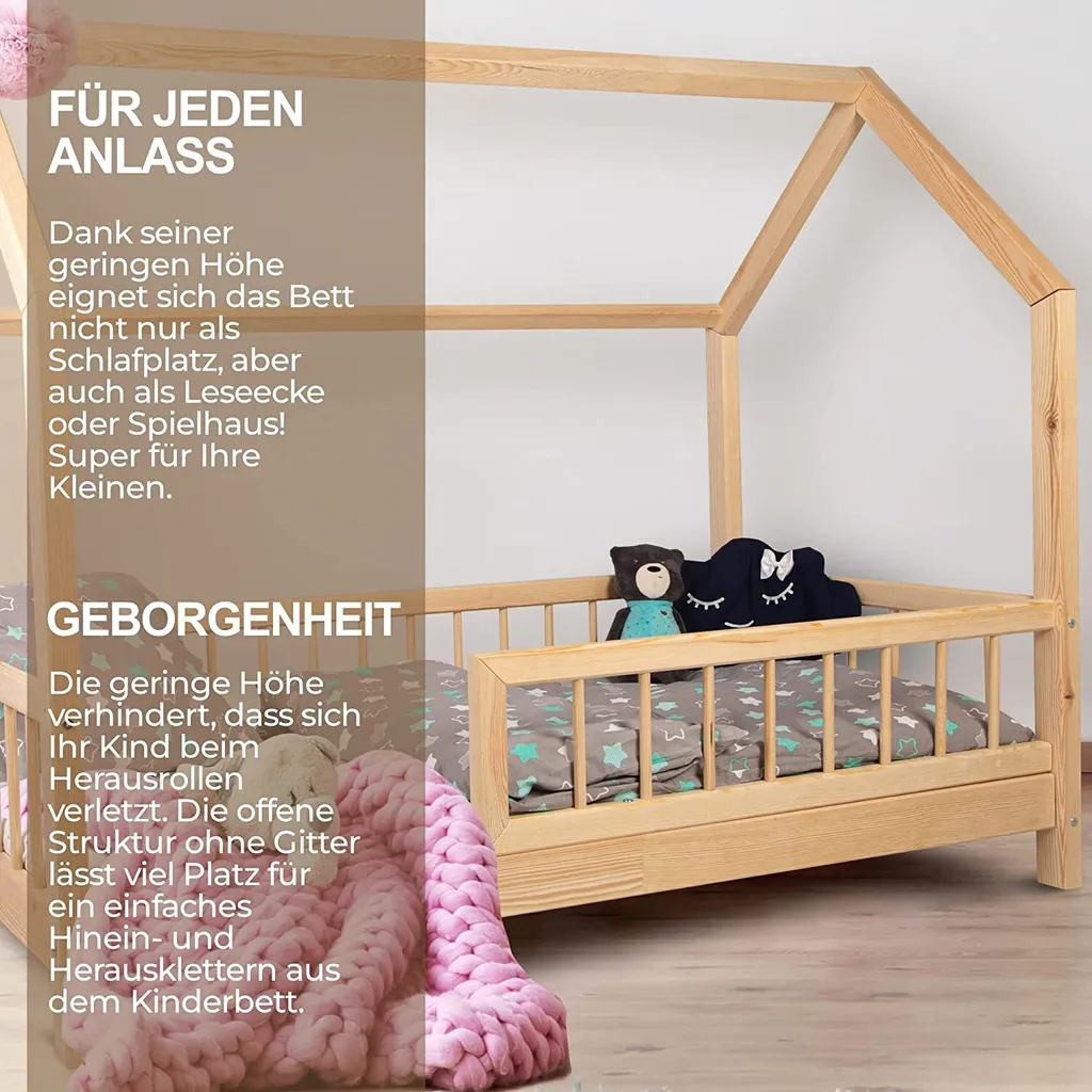 NEW Hausebett Lena-200x140- Kieferholz Kinderbett Mit Rausfallschutz -mit Rundstäben. – Bild 8