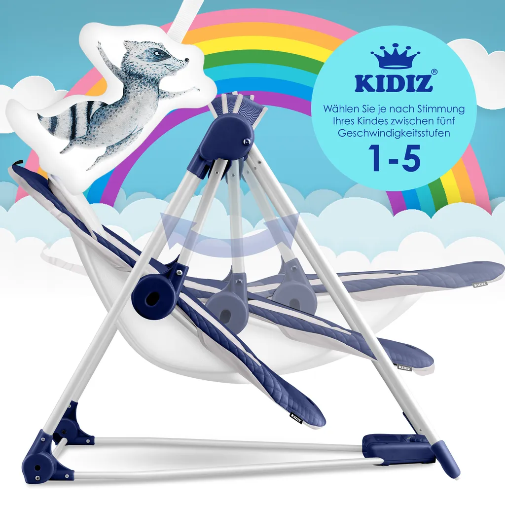 KIDIZ® Babywippe Babyschaukel Mit 5 Geschwindigkeitseinstellungen Zusammenklappbarer Baby Wippe Schaukel Babyhochstuhl Mit Spielbogen Spielzeugen 5 Beruhigende Naturgeräusche Neugeborene, Farbe:Navyblau – Bild 5